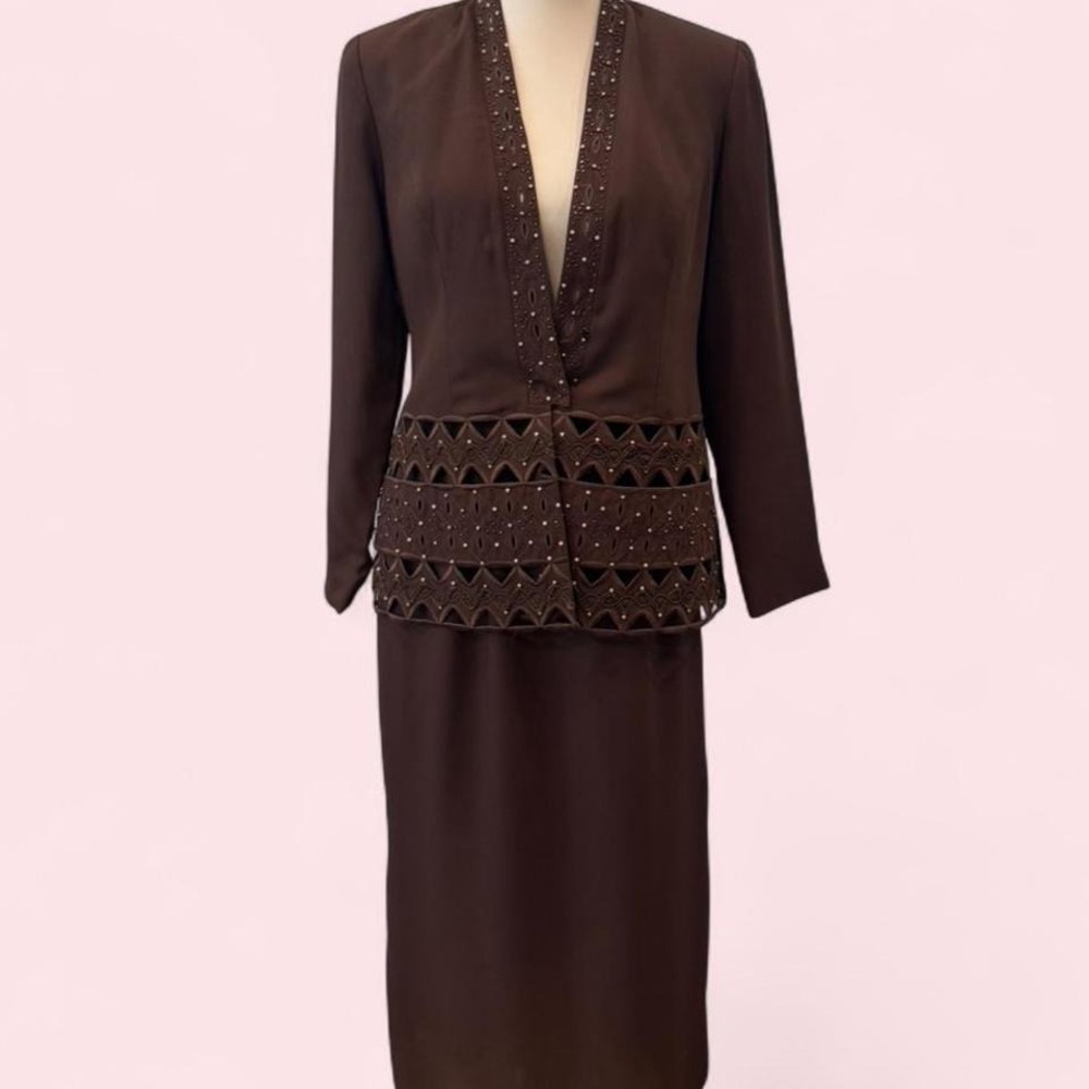 Vintage Tally Taylor Brown Two Piece Skirt‎ Set Beaded Cutout Peplum Jacket 8